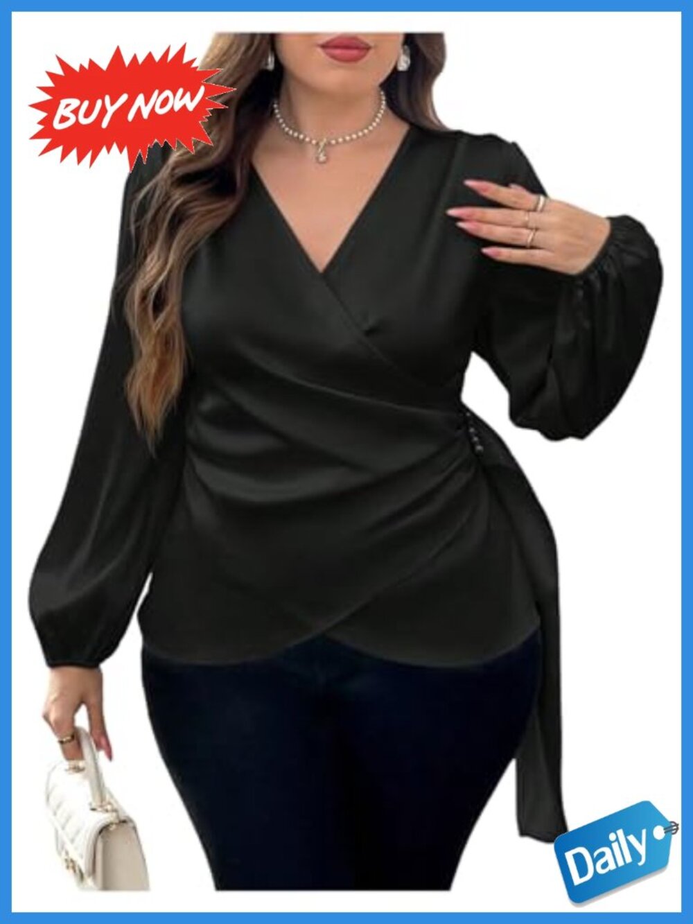 Plus Size Satin Asymmetrical Wrap Blouse Long Sleeve Beaded V-Neck
